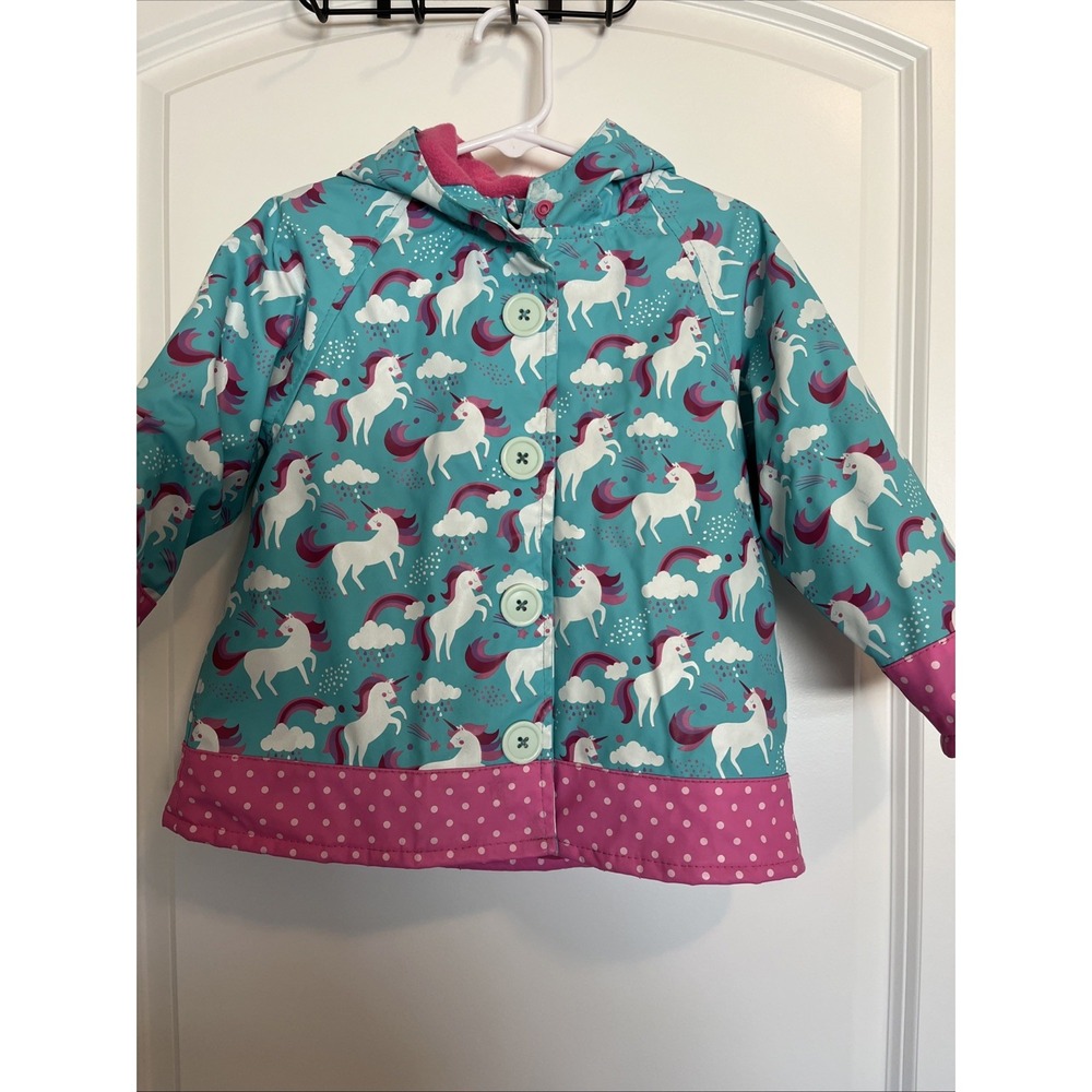 Western Chief Girls Unicorn Hooded Rain Jacket Sz 2T Lined Outdoor Polkadot